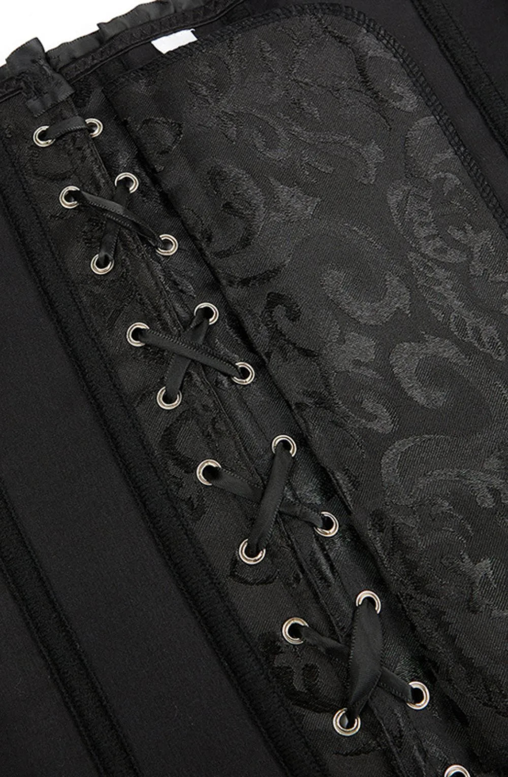Black Brocade Waist-Cinching Corset with Satin Trim