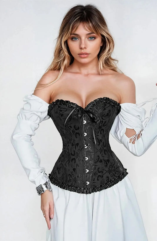 Black Brocade Waist-Cinching Corset with Satin Trim