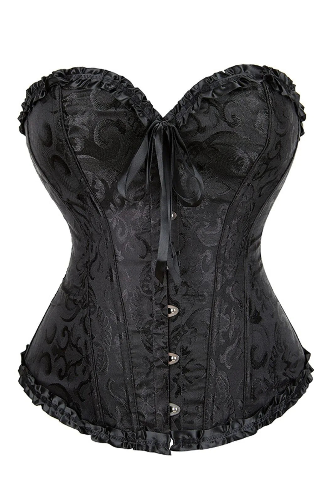 Black Brocade Waist-Cinching Corset with Satin Trim