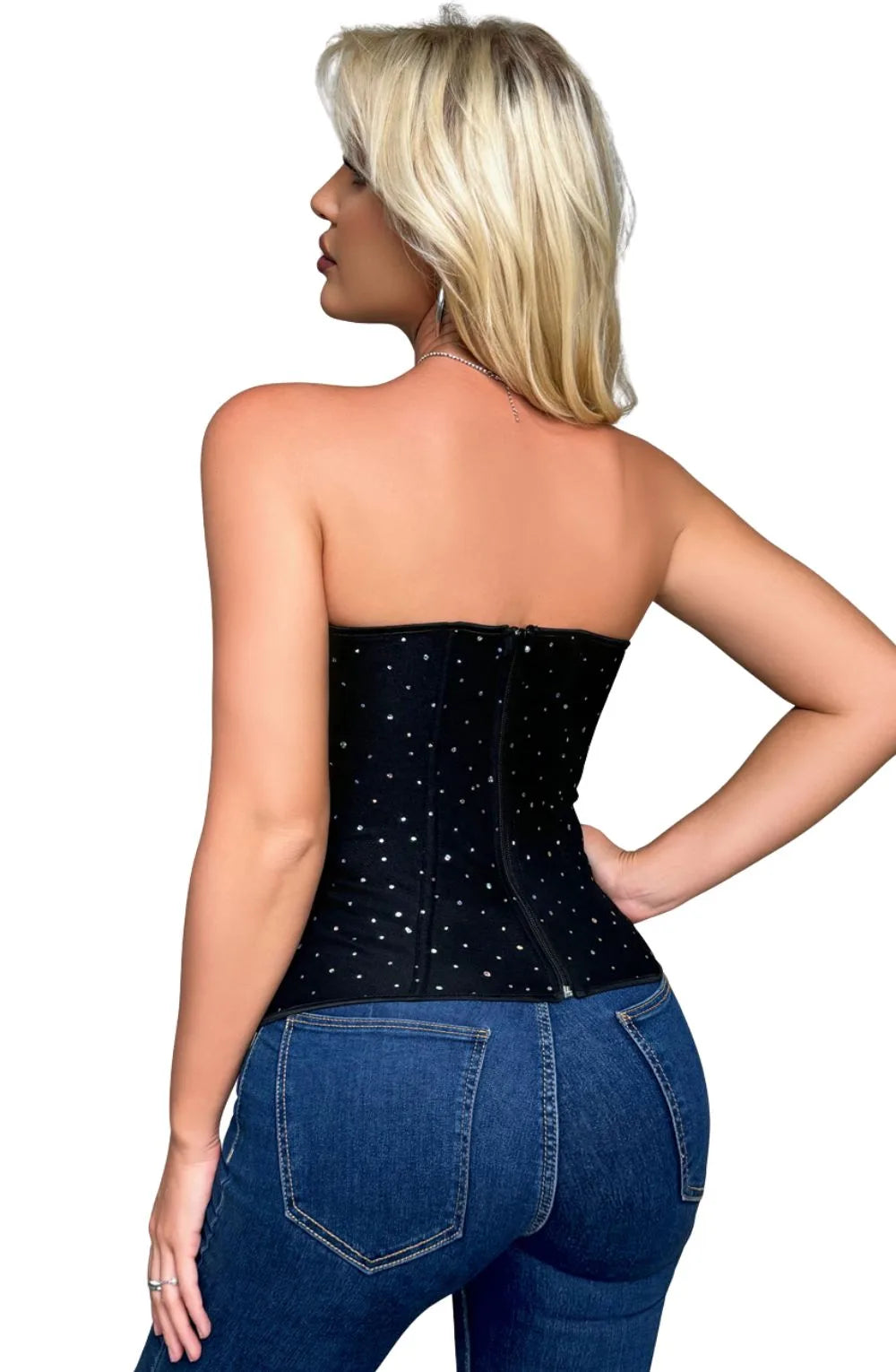 Black Sequin Corset Top with Mesh Shaping & Zip Back