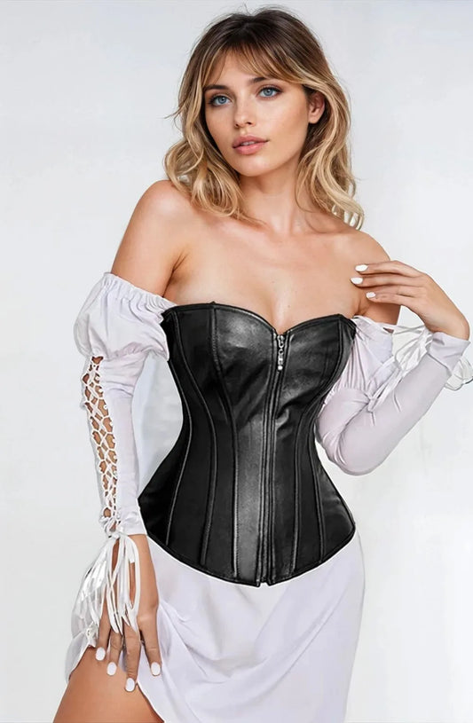 Black Leather-Look Zip Corset with Adjustable Lace-Up Back