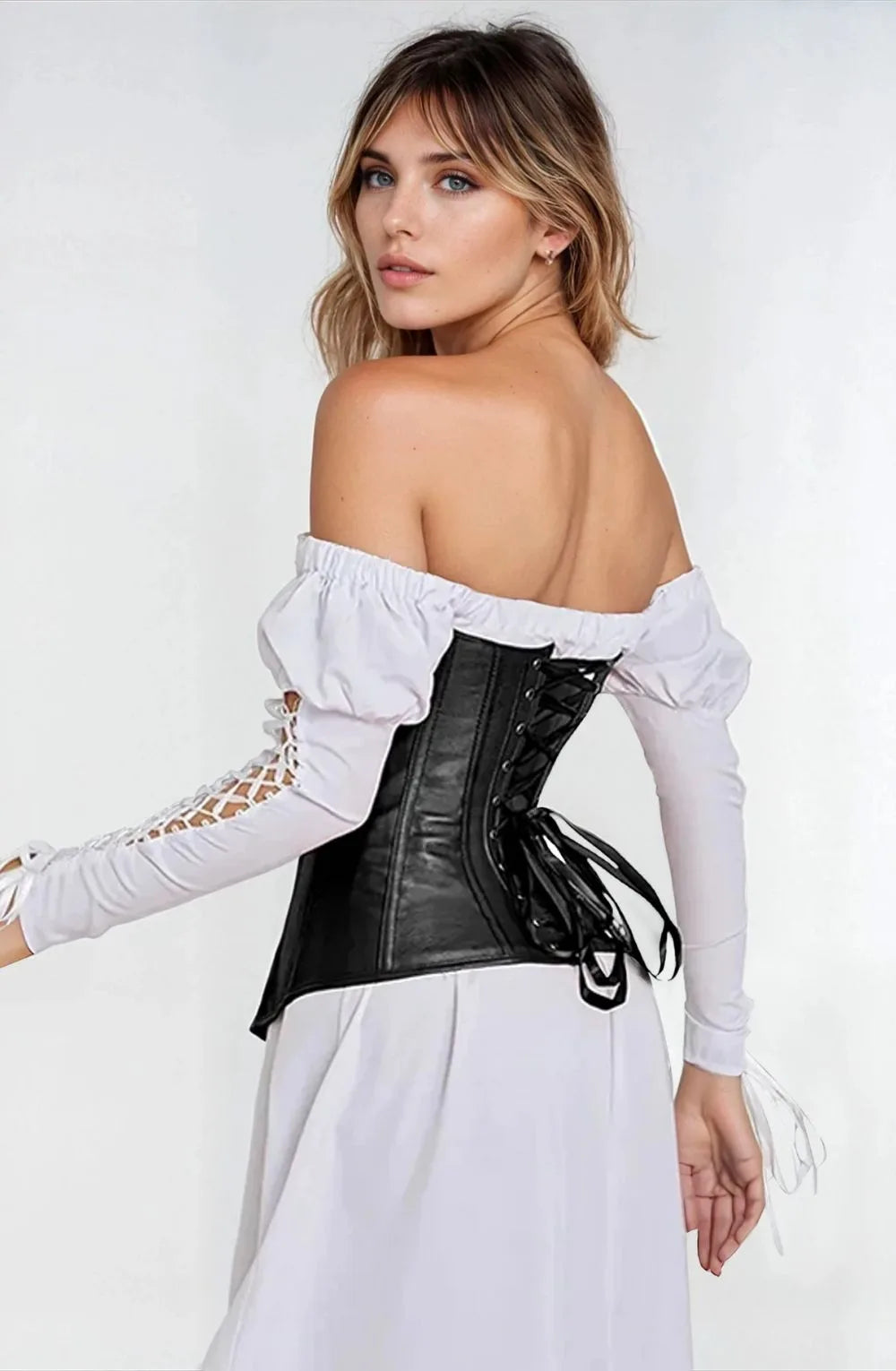 Black Leather-Look Zip Corset with Adjustable Lace-Up Back